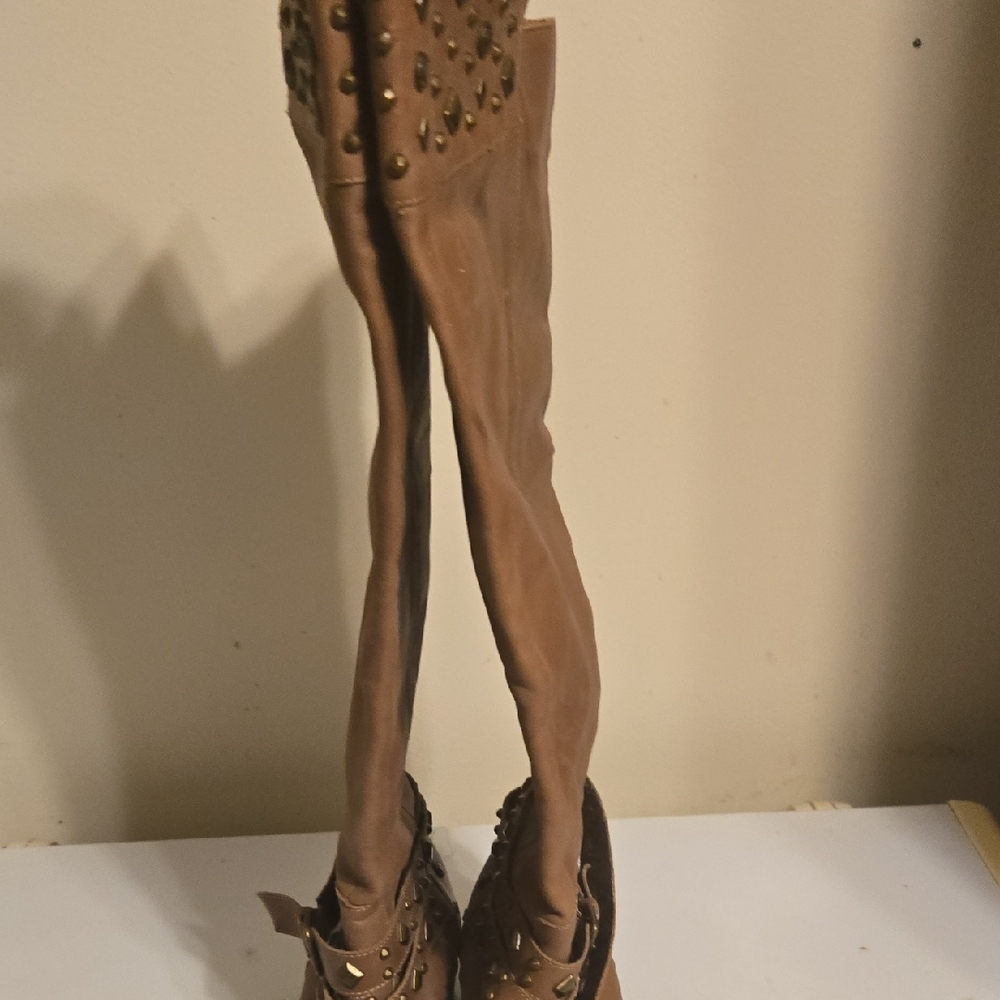 Restricted Brown Studded Over the Knee Boots